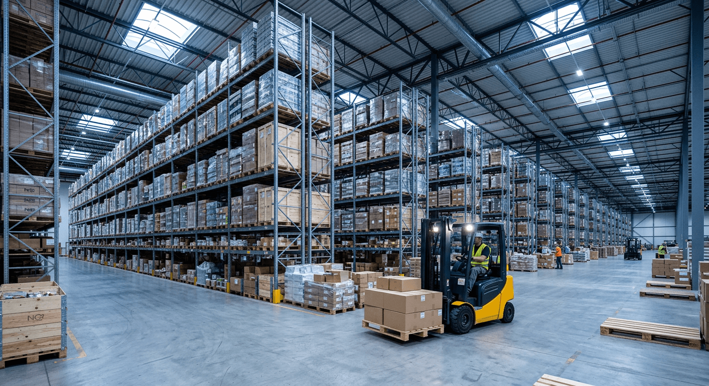 Palletized supplies staged inside an Argent distribution center