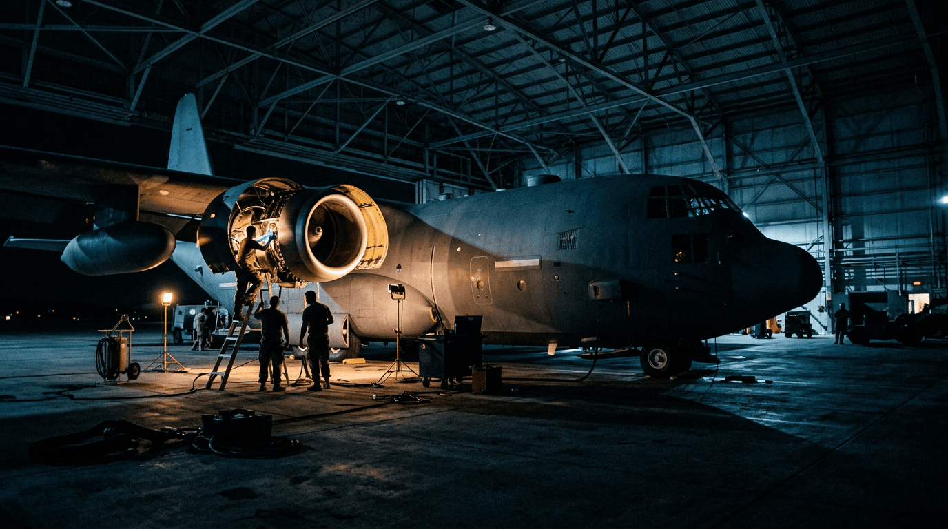 Ground crew servicing a transport aircraft engine in a hangar