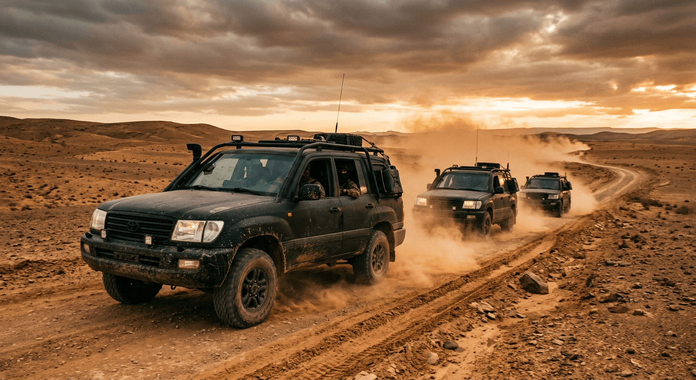 Armored SUV convoy on a desert road at golden hour