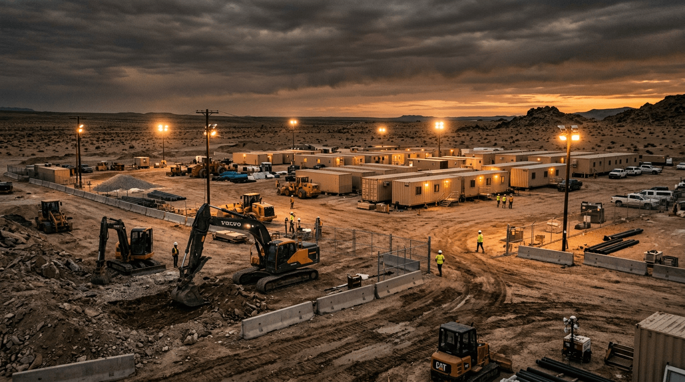Expeditionary base construction site with heavy equipment at dusk