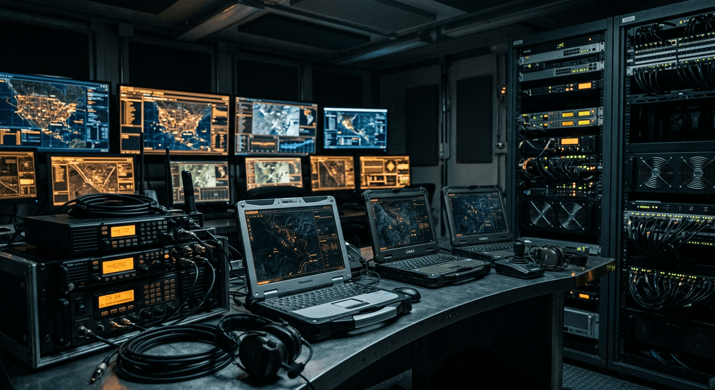Operations center with rugged laptops, servers and radio equipment