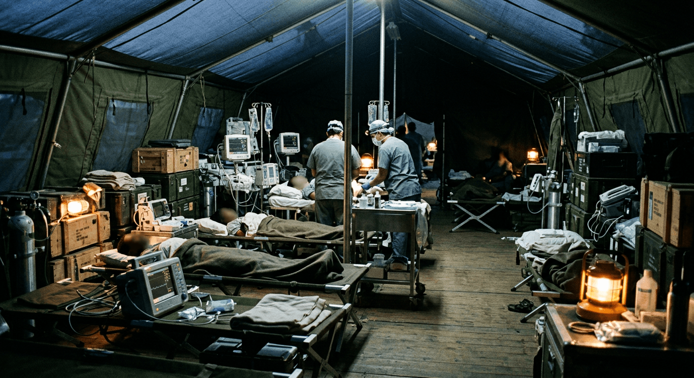 Field hospital tent stocked with medical equipment and supplies