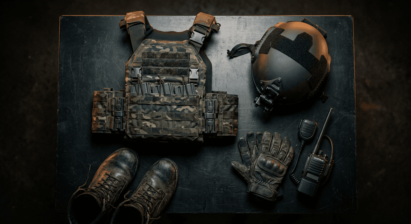 Plate carrier, helmet, radio and tactical gear laid out on a table
